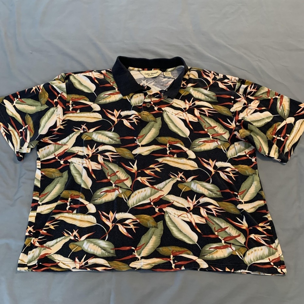 Cooke Street Polo Shirt Mens XL Black Hawaiian Tropical Bird of Paradise‎ Floral